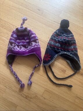 Kids Purple and Blue Knit Earflap Hat - Cozy Winter Beanie—2 Hats!
